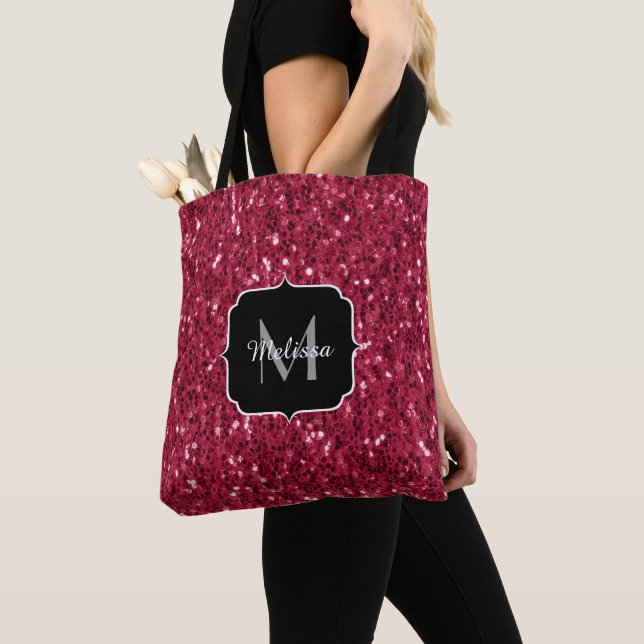 Mörk rosa red magenta faux sparkles Monogram Tygkasse (Närbild)