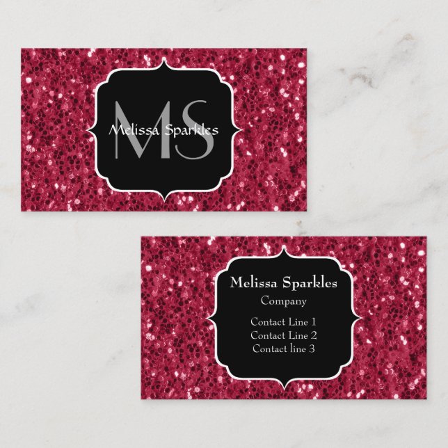 Mörk rosa red magenta faux sparkles Monogram Visitkort (Fram/baksida)