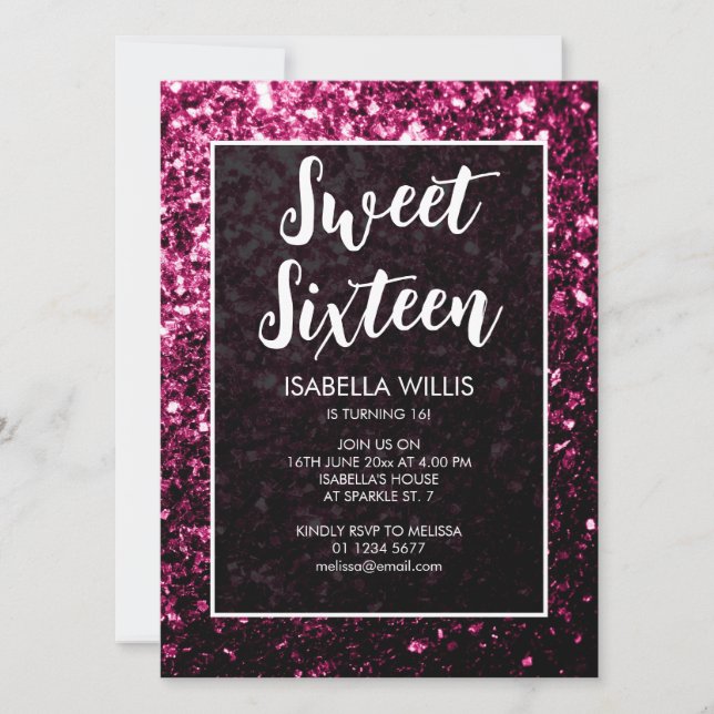 Mörk rosa sparkles glitter Sweet 16 elegant script Inbjudningar (Framsida)