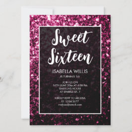 Mörk rosa sparkles glitter Sweet 16 elegant script Inbjudningar