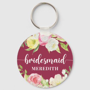 Mörk Rosa Watercolor Blommigt Bridesmaid Namn Nyckelring