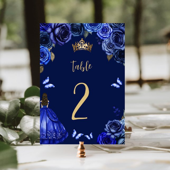Mörk Royal Blue Guld Blommigt Princess Quinceañera Bordsnummer (Skapare uppladdad)