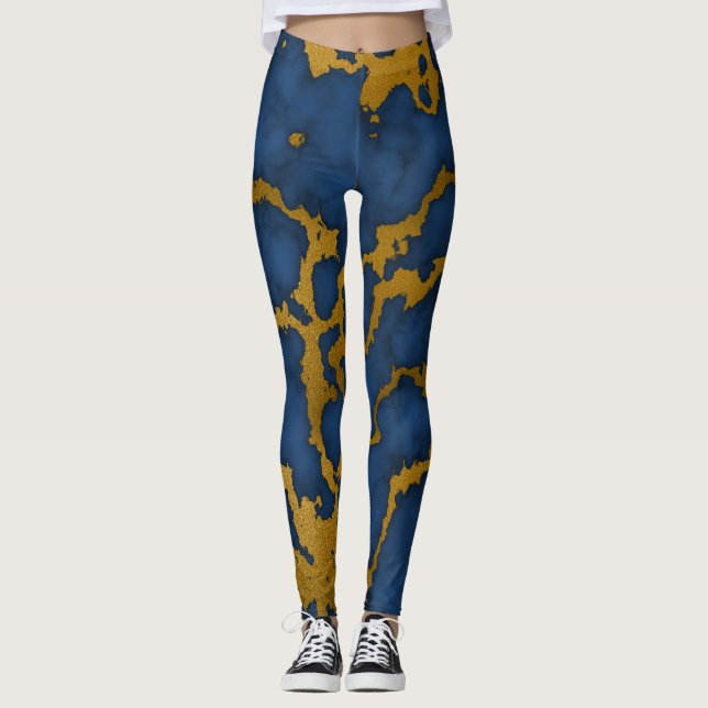 Mörk Royal Blue och Guld Marble Struktur Leggings (Framsida)