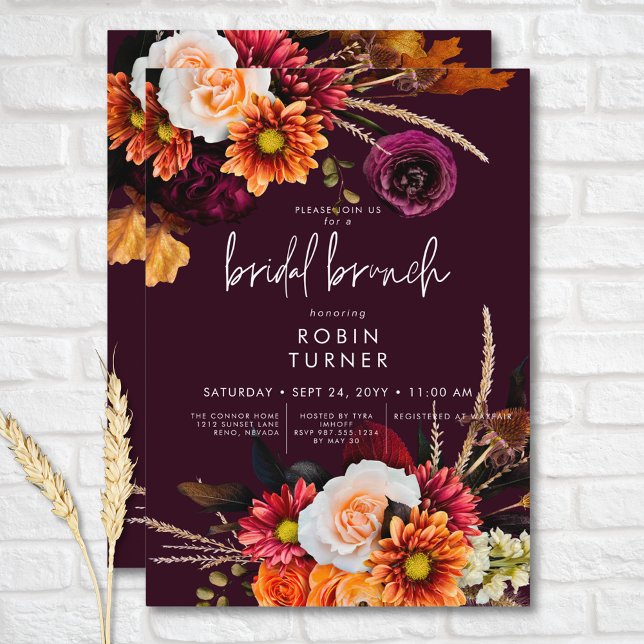 Mörk Russet Boho Blommigt Burgundy Möhippa Brunch Inbjudningar (Dark Russet Boho Floral Burgundy Bridal Brunch Invitation)
