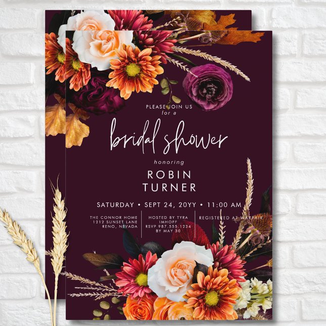 Mörk Russet Boho Blommigt Burgundy Möhippa Inbjudningar (Dark Russet Boho Floral Burgundy Bridal Shower Invitation)