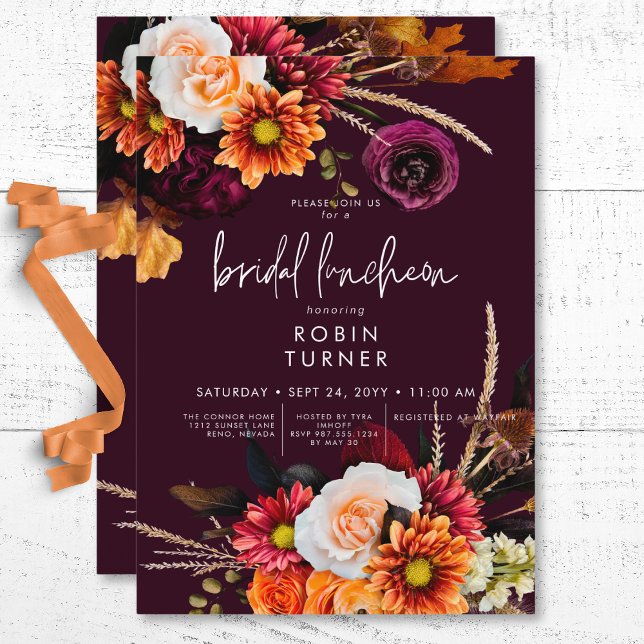 Mörk Russet Boho Blommigt Burgundy Möhippa Luncheo Inbjudningar (Dark Russet Boho Floral Burgundy Bridal Luncheon Invitation)