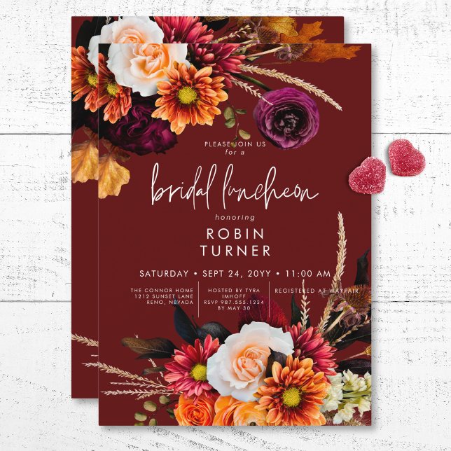 Mörk Russet Boho Blommigt Rust Möhippa Luncheon Inbjudningar (Dark Russet Boho Floral Rust Bridal Luncheon Invitation)