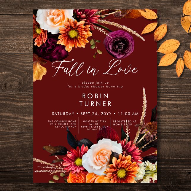 Mörk Russet Boho-Blommigten faller i Möhippan Kärl Inbjudningar (Dark Russet Boho Floral Fall In Love Bridal Shower Invitation)