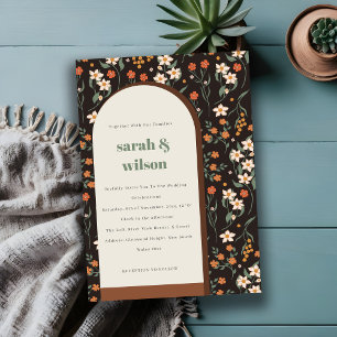 Mörk Rust Orange Groovy Retro Arch Blommigt Bröllo Inbjudningar