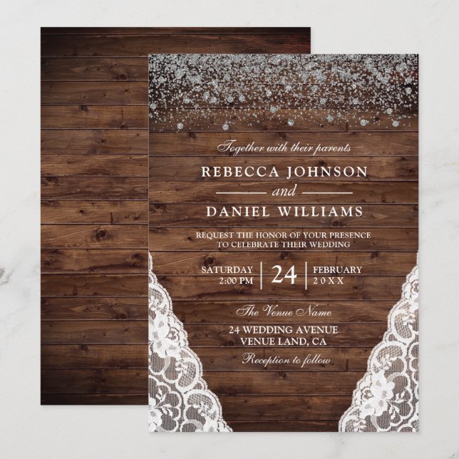 Mörk Rustic Brown Wood Snöre bröllopsinbjudan Inbjudningar (Fram/baksida)