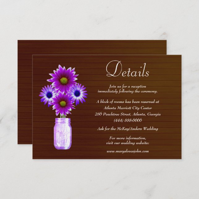 Mörk Rustic Lila Blommigt Mason Burk Bröllop Detai Tilläggskort (Fram/baksida)