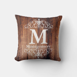 Mörk Rustic Wood Planks White Scrollss Monogram Kudde