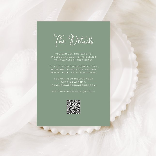 Mörk Sage Grönt Bröllop Guest Information QR-kod Tilläggskort (A dark sage green wedding details card with a QR code)
