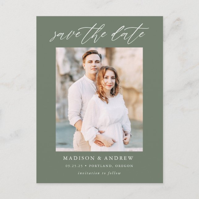 Mörk Sage Grönt Elegant  Skript Foto Spara datum Meddelande Vykort (Framsida)