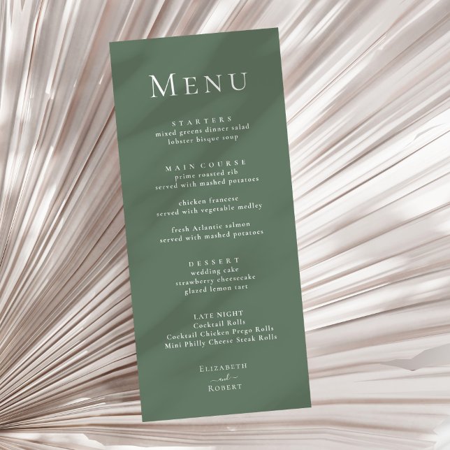 Mörk Sage Grönt Modern Minimalist Bröllop Menu Meny (Sage Green Modern Minimalist Wedding Menu on a sunny neutral dry palm leaf.)