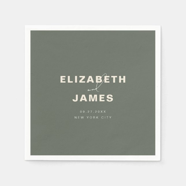 Mörk Sage Grönt Rustik Modern Minimalist Bröllop Pappersservett (Framsidan)