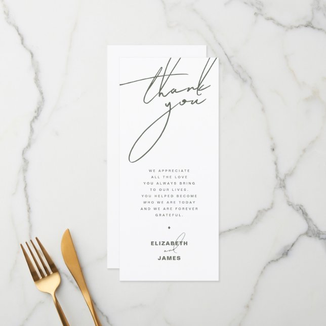 Mörk Sage Minimalist Bröllop Tack Place Card Meny (Fram/Back In Situ)