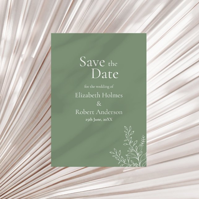 Mörk Salvia Grön Botanisk Spara Datum Inbjudningar (Dark Sage Green Botanical Save the Date Invitation on a neutral dry palm leaf.)