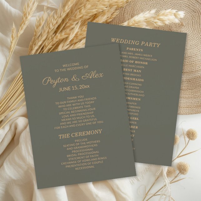 Mörk Salvia Grön Bröllopsprogram Bröllopsfest Program (Olive/sage green 2-sided wedding program including the wedding party.)