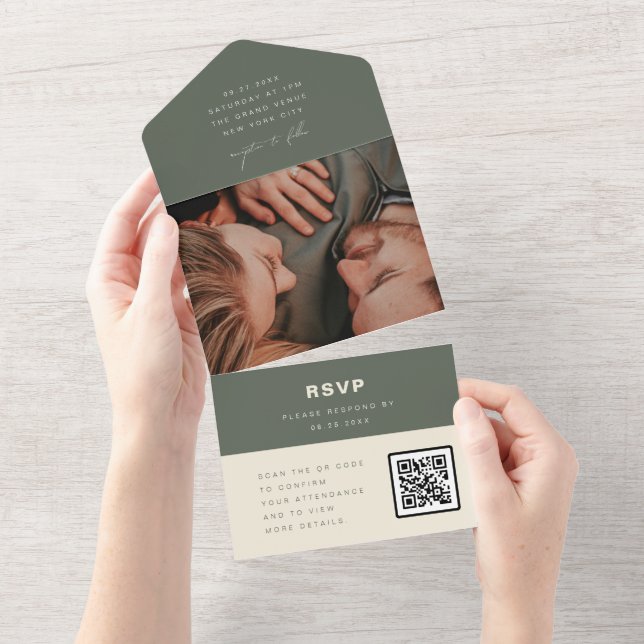 Mörk Salvia Minimalistisk Bröllopsfoto QR-kod RSVP (Avrivbar del)