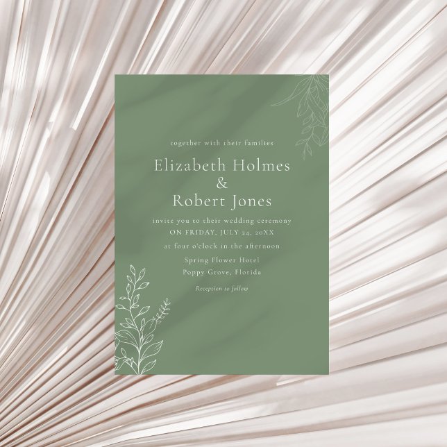 Mörk Salviagrön Botanisk Bröllopsinbjudan Inbjudningar (Dark Sage Green Botanical Wedding Invitation on a neutral dry palm leaf.)