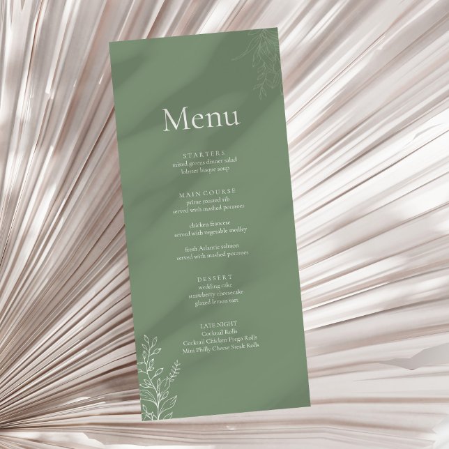 Mörk Salviagrön Botanisk Bröllopsmeny Meny (Dark Sage Green Botanical Wedding Menu on a neutral dry palm leaf.)