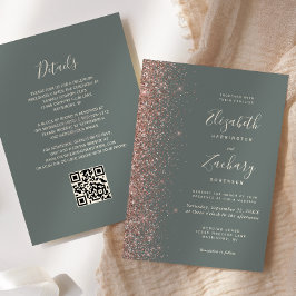 Mörk Salviagrön Rosa Guld Glitter QR-kod Bröllop Inbjudningar