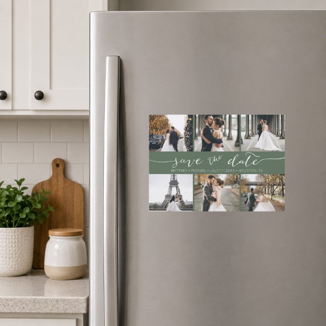 Mörk Salvie Foto Collage Spara Datum (Elegant dark sage green six photo save the date magnet featuring modern handwritten script)