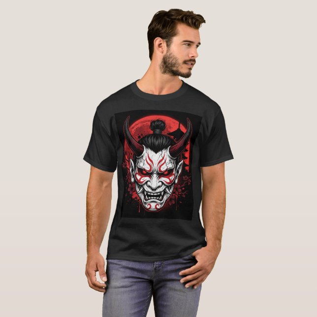 Mörk Samurai Oni Mask Röda Moon Gothic T-Shirt  (Hel framsida)