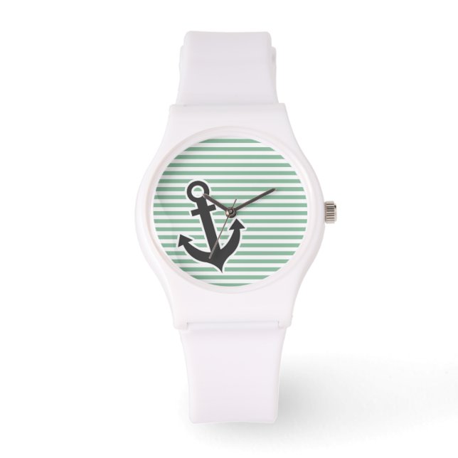 Mörk Sea Grönt Vågrät Rand; Anchor Armbandsur (Framsida)