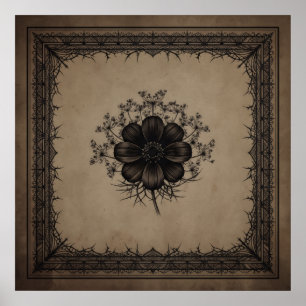 Mörk Sepia Blommig Torn Ram Poster
