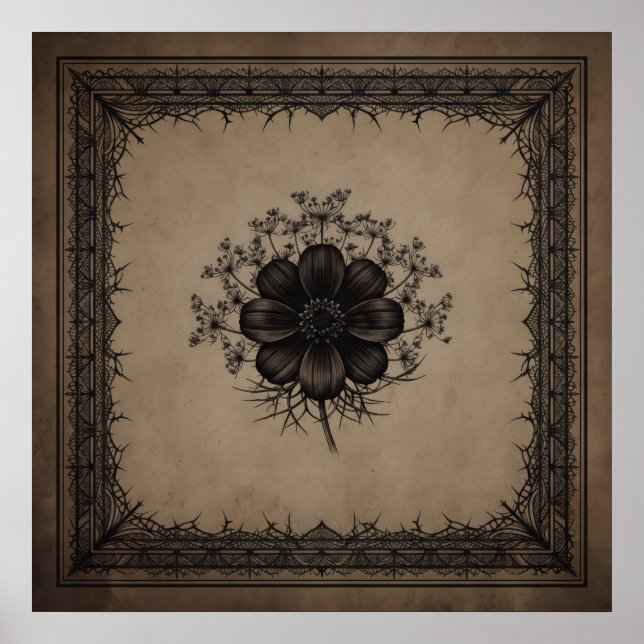 Mörk Sepia Blommig Torn Ram Poster (Framsidan)