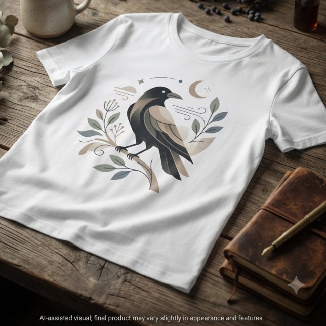 Mörk Skandinavisk Akademi Sotgrå Korp T Shirt (Enigmatic charcoal scandi raven tshirt for dark academia lovers during autumn reading sessions.)