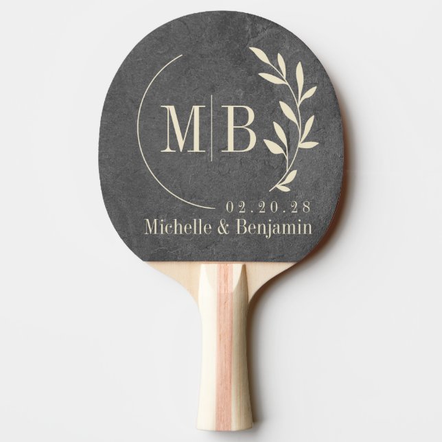 Mörk Skiffersten Blad Vigsel Monogram Pingisracket (Baksidan)
