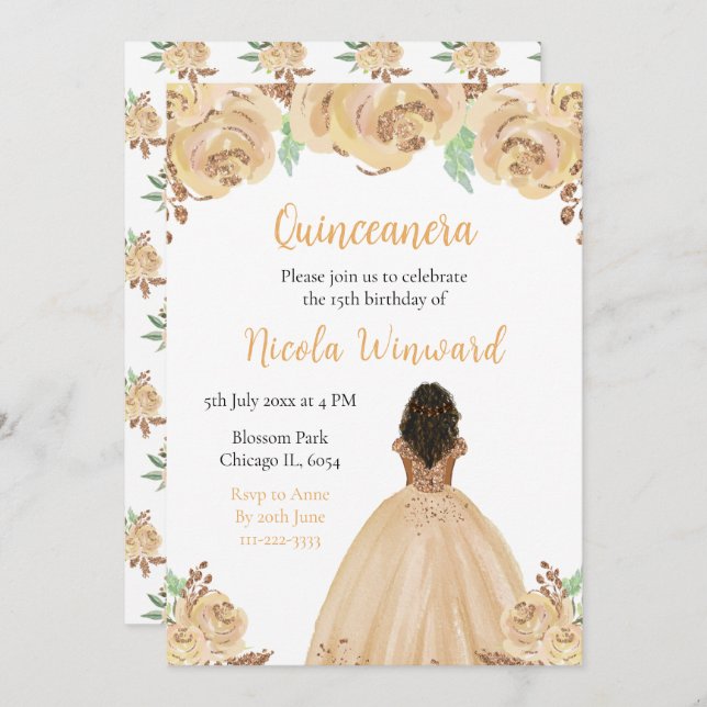 Mörk Skin Princess Blommigt Quinceanera Inbjudningar (Fram/baksida)