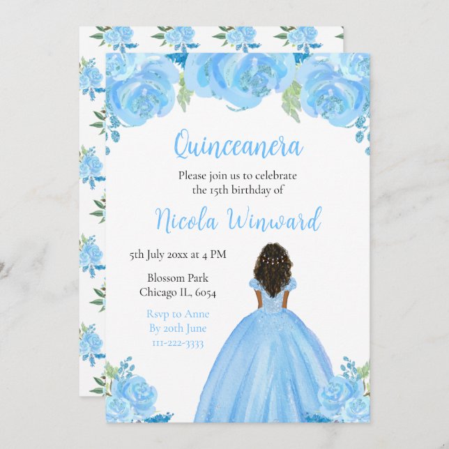 Mörk Skin Princess Blue Blommigt Quinceanera Inbjudningar (Fram/baksida)