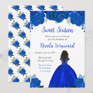 Mörk Skin Princess Blue Blommigt Sweet sixteen Inbjudningar