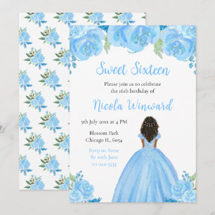 Mörk Skin Princess Blue Blommigt Sweet sixteen Inbjudningar