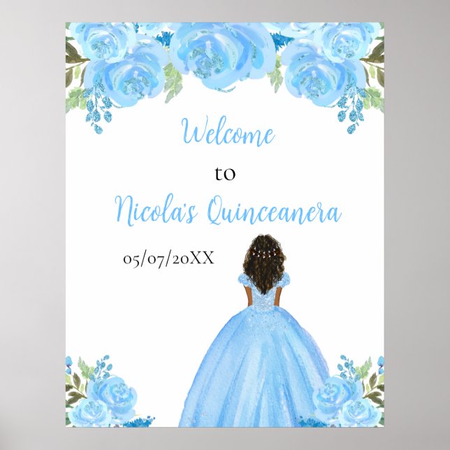 Mörk Skin Princess Blue Quinceanera Välkommen Poster (Framsidan)