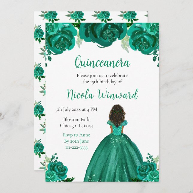 Mörk Skin Princess Grönt Blommigt Quinceanera Inbjudningar (Fram/baksida)