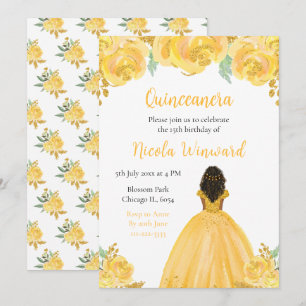 Mörk Skin Princess Guld Blommigt Quinceanera Inbjudningar