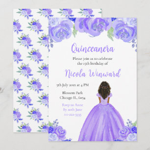 Mörk Skin Princess Lila Blommigt Quinceanera Inbjudningar