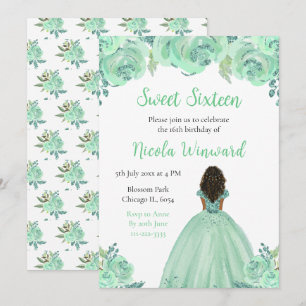 Mörk Skin Princess Mint Blommigt Sweet sixteen Inbjudningar