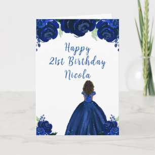 Mörk Skin Princess Navy Blommigt Födelsedagsfest Kort