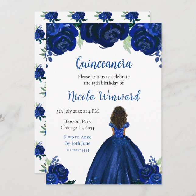 Mörk Skin Princess Navy Blommigt Quinceanera Inbjudningar (Fram/baksida)