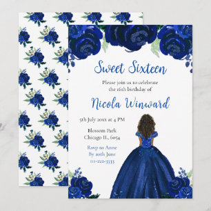 Mörk Skin Princess Navy Blommigt Sweet sixteen Inbjudningar