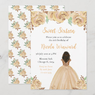 Mörk Skin Princess Peach Blommigt Sweet sixteen Inbjudningar