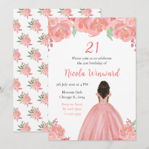Mörk Skin Princess Rosa Blommigt Födelsedagsfest  Inbjudningar