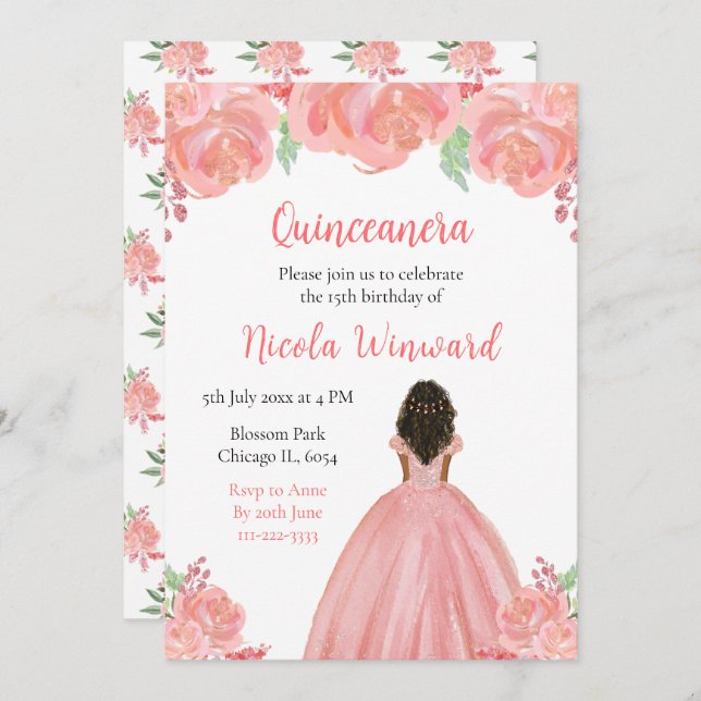 Mörk Skin Princess Rosa Blommigt Quinceanera Inbjudningar (Fram/baksida)