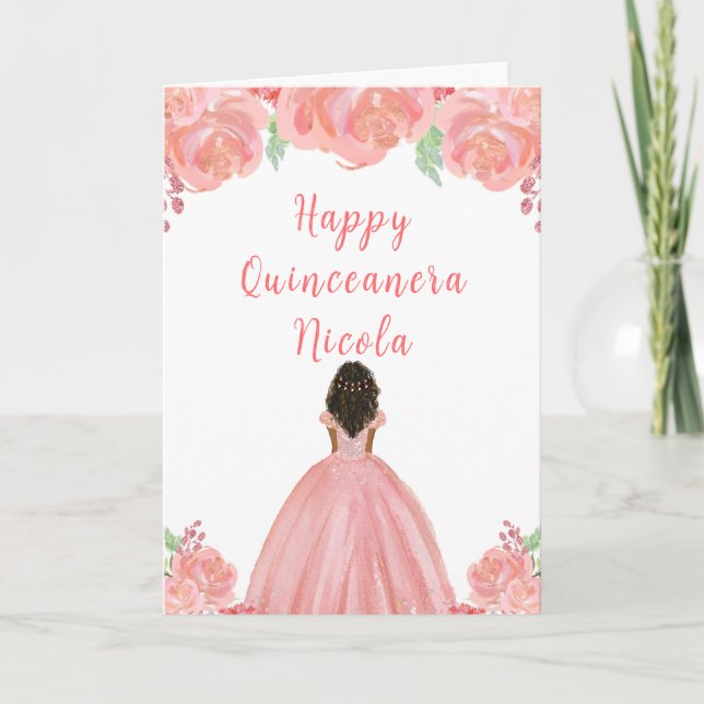 Mörk Skin Princess Rosa Blommigt Quinceanera Kort (Framsida)